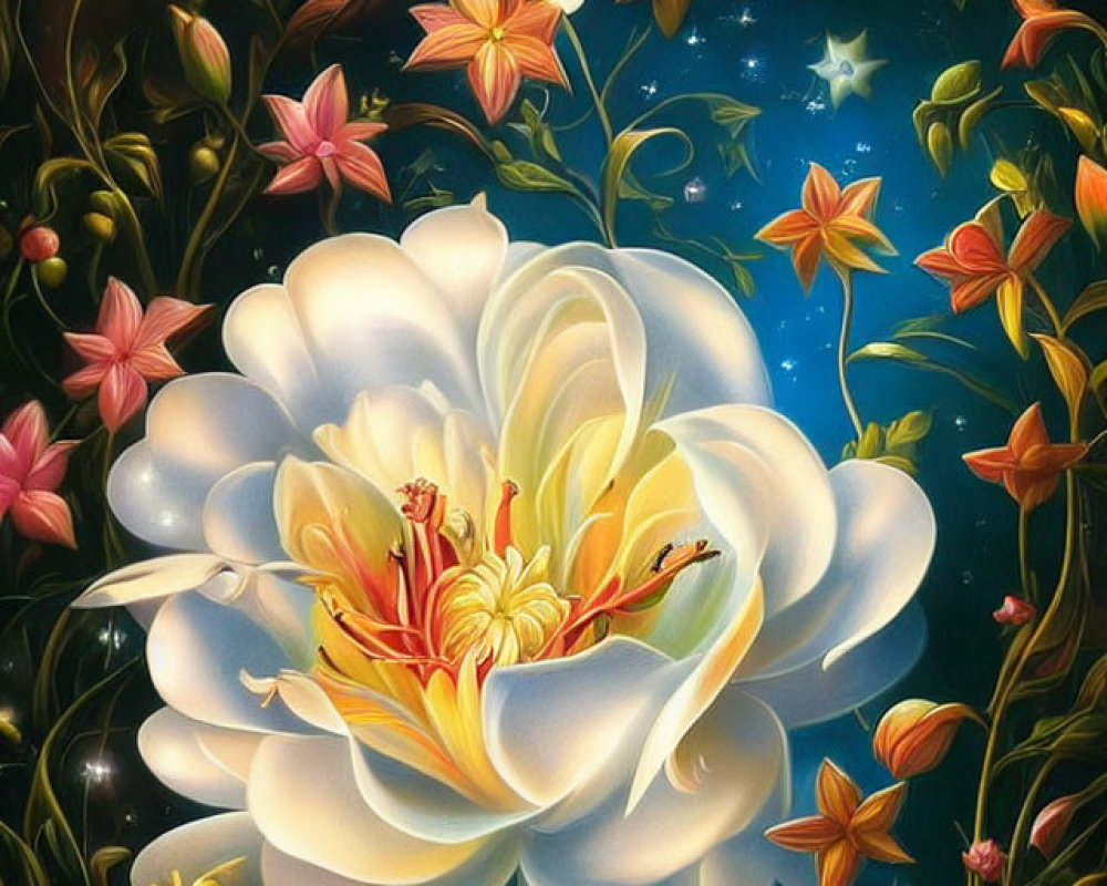 Detailed Illustration of Large White Flower on Dark Starry Sky