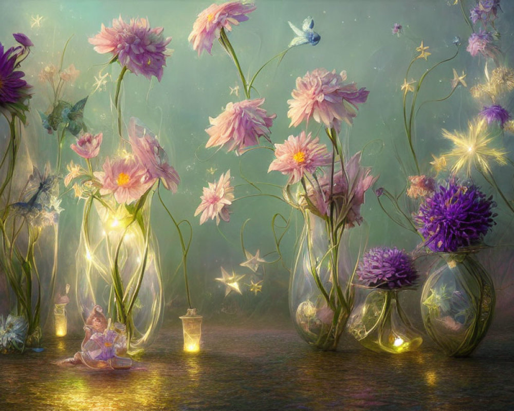 Whimsical scene with oversized flowers, fairy, birds, and glowing stars