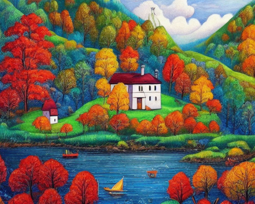 Colorful autumn landscape with white house, multicolored trees, blue river, boats, and distant