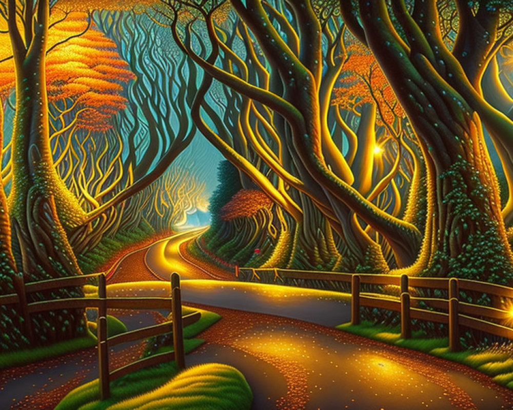 Mystical forest path with glowing lights and twisted trees