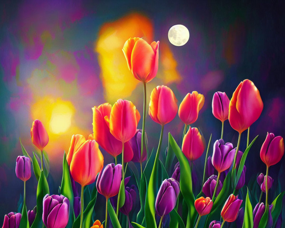 Colorful Pink and Purple Tulips in Dreamy Moonlit Setting