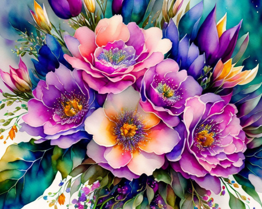 Colorful Watercolor Painting of Pink and Purple Flowers with Golden Centers