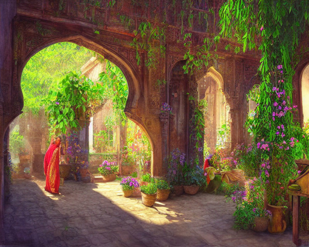 Sunlit garden archway with lush greenery, colorful flowers, and person in red cloak.