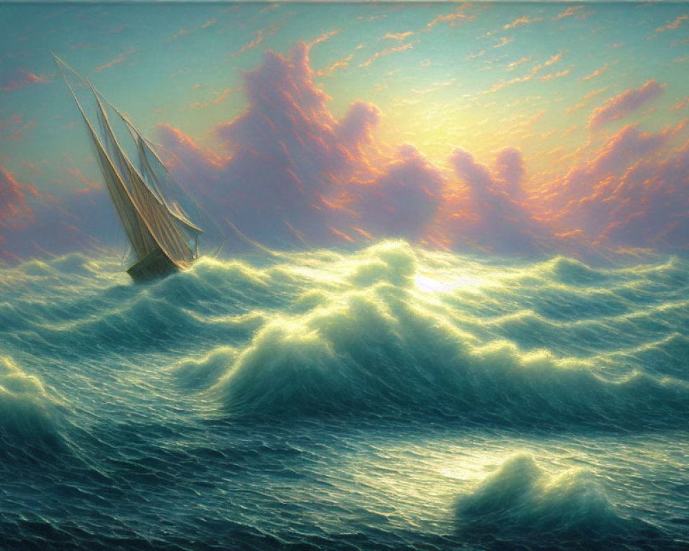 Sailboat navigating ocean waves under dramatic sunset sky