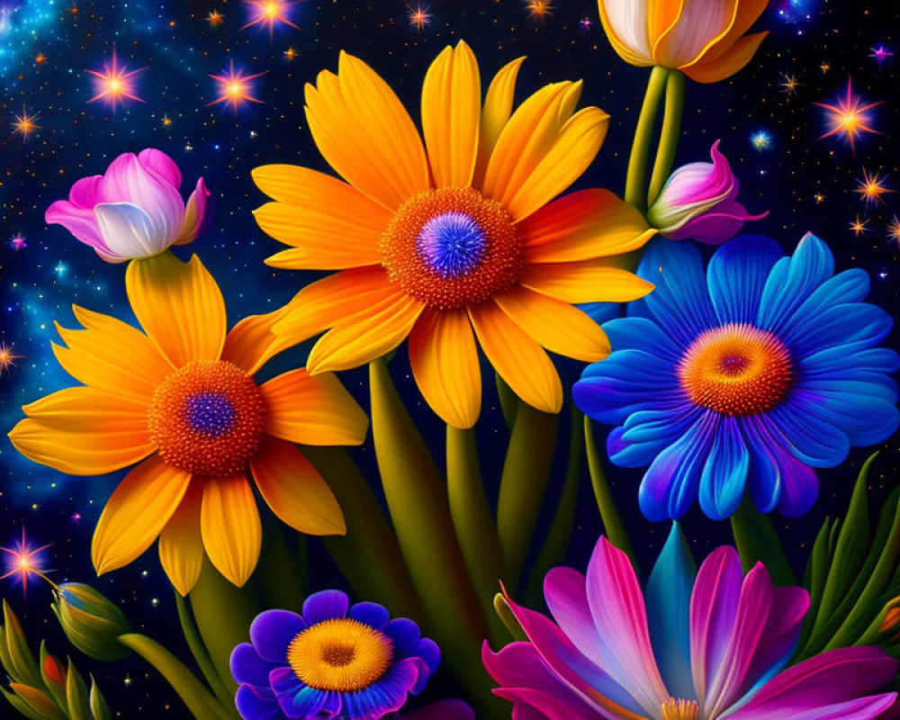 Colorful Flowers Against Starry Night Sky in Orange, Purple, and Blue