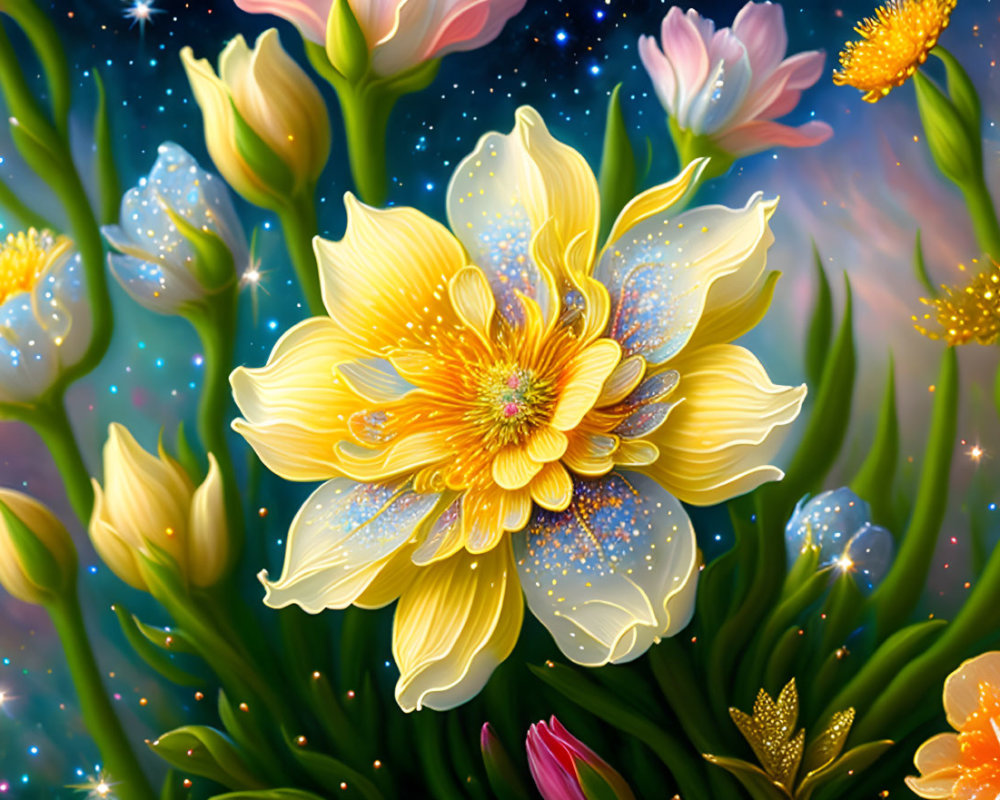 Colorful digital artwork: Yellow flower with glittery star background