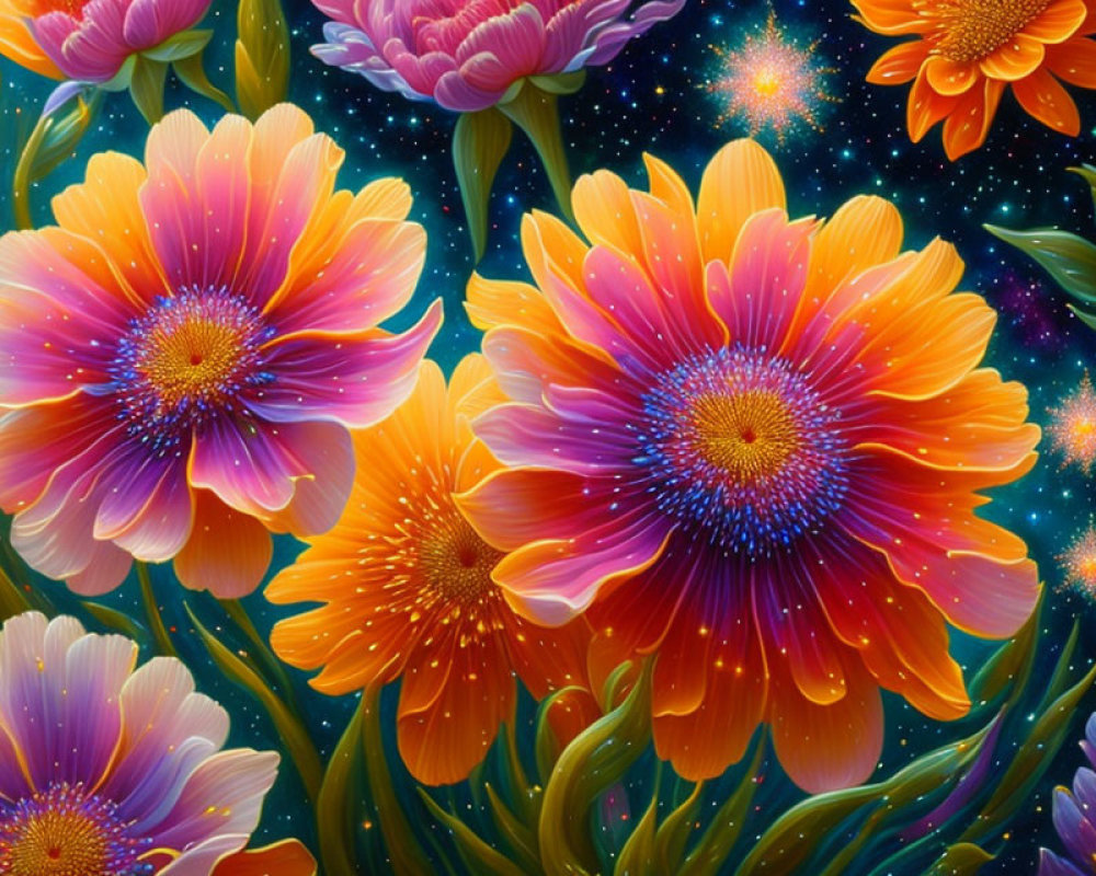 Colorful Flowers Against Cosmic Starry Background: Nature and Space Blend in Surreal Scene