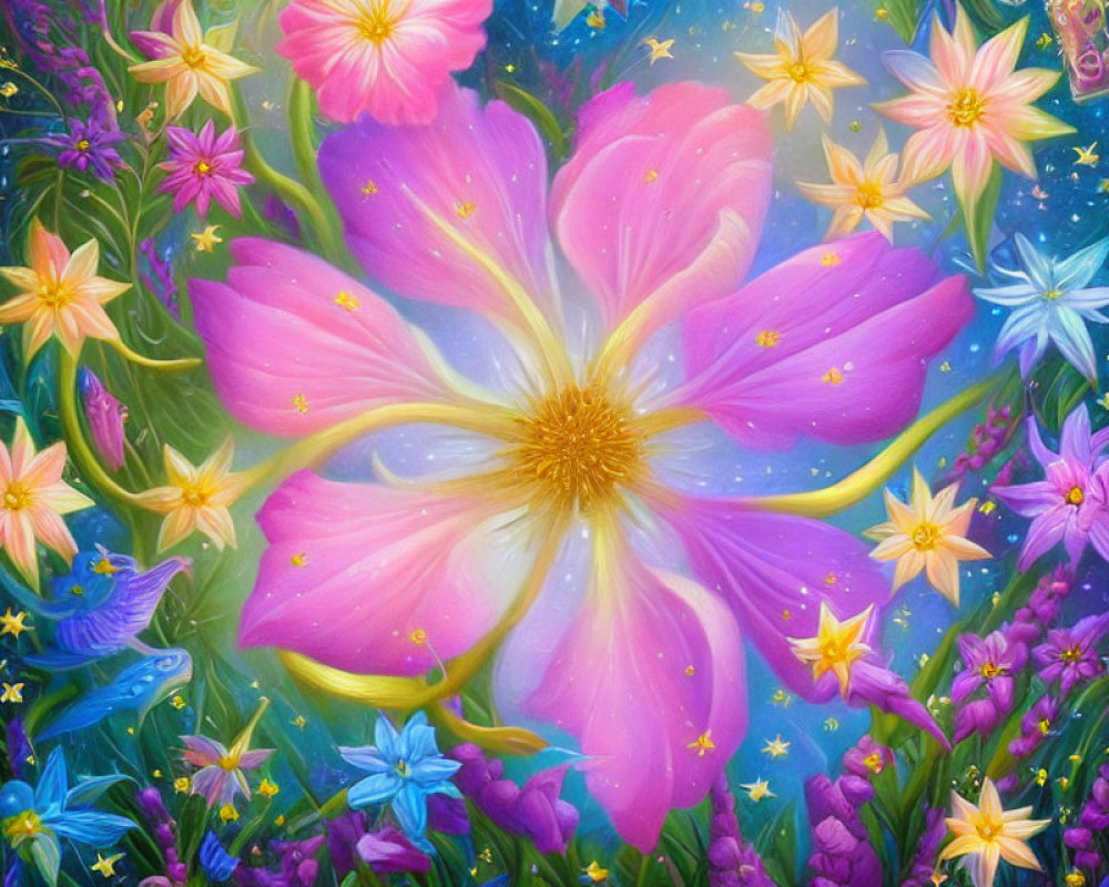 Colorful floral painting with pink flower and golden center on blue backdrop