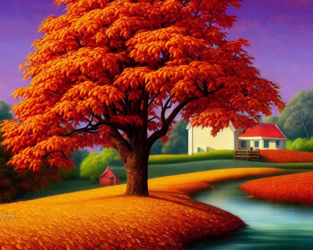 Vibrant orange-leafed tree by serene blue river and white house in lush landscape