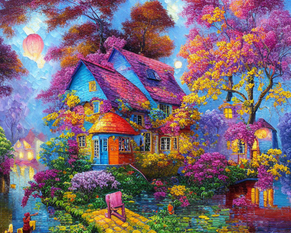 Colorful painting: Whimsical cottage by river with hot air balloons