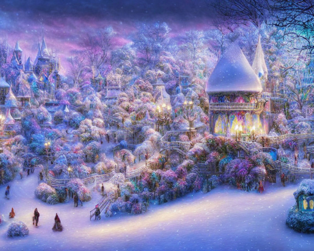 Snow-covered village with vibrant lights and quaint houses at dusk