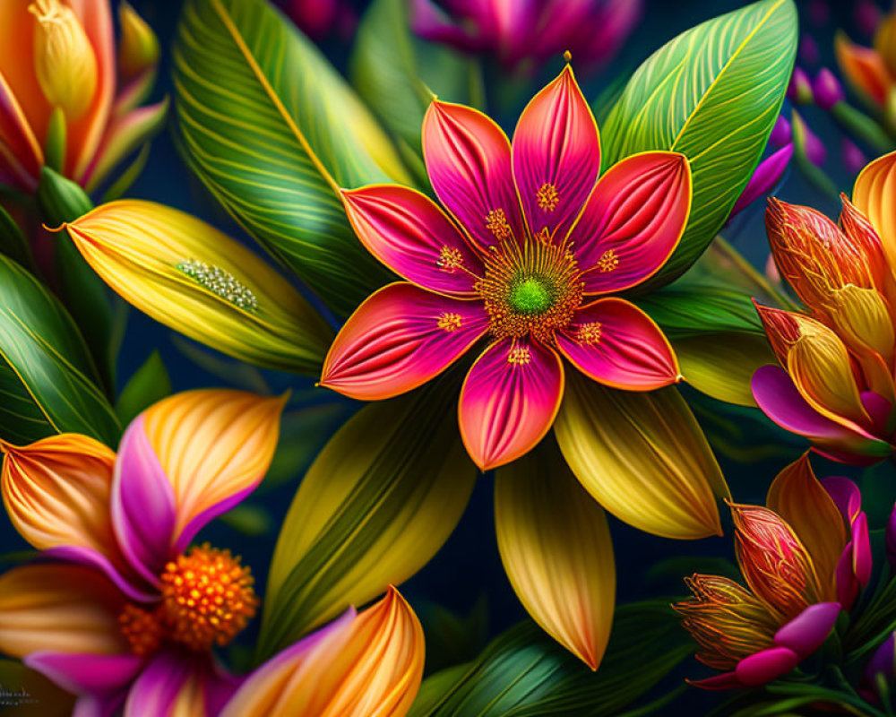 Colorful digital artwork featuring exotic pink and orange flowers on a dark background.