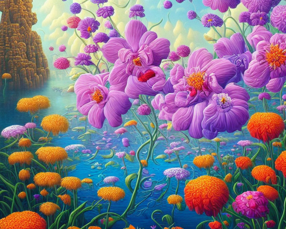 Colorful painting of oversized purple flowers, marigolds, and blue water under a bright blue sky