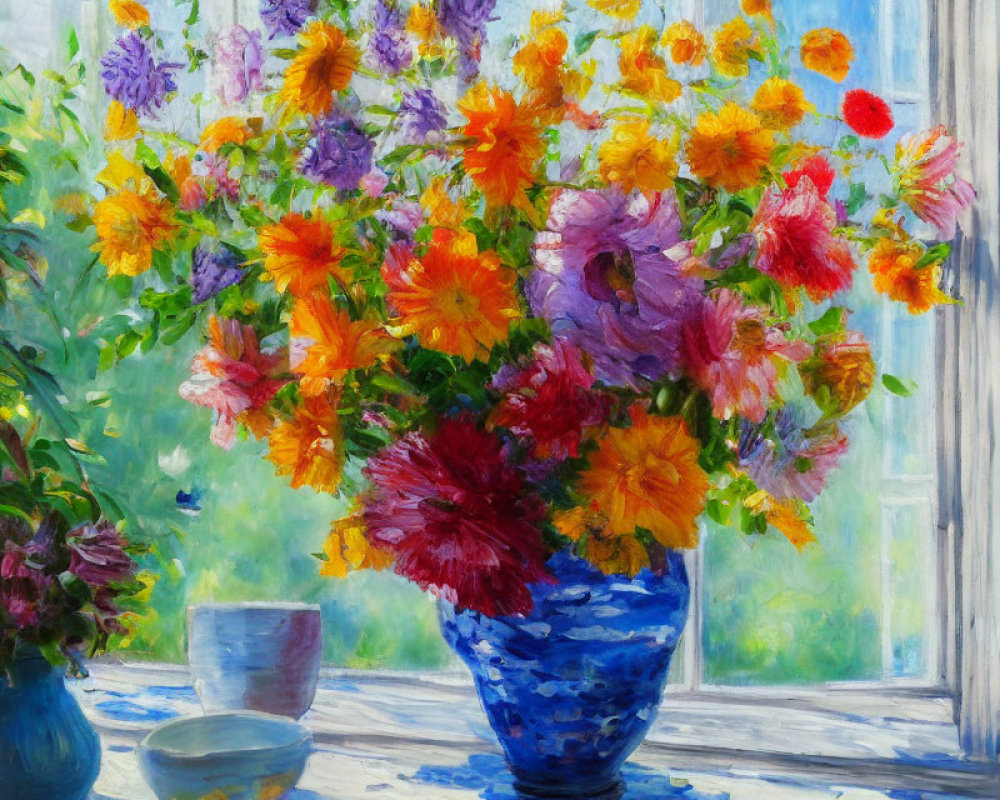 Colorful Flower Bouquet in Blue Vase by Sunlit Window