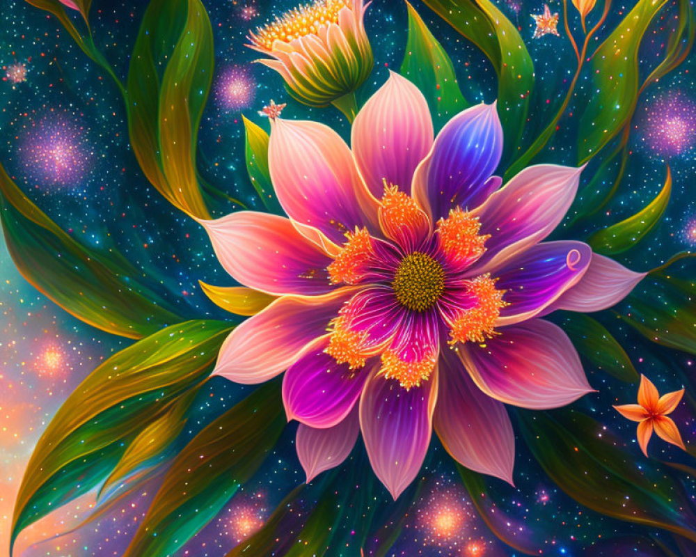 Colorful digital artwork featuring a large lotus flower on a starry backdrop