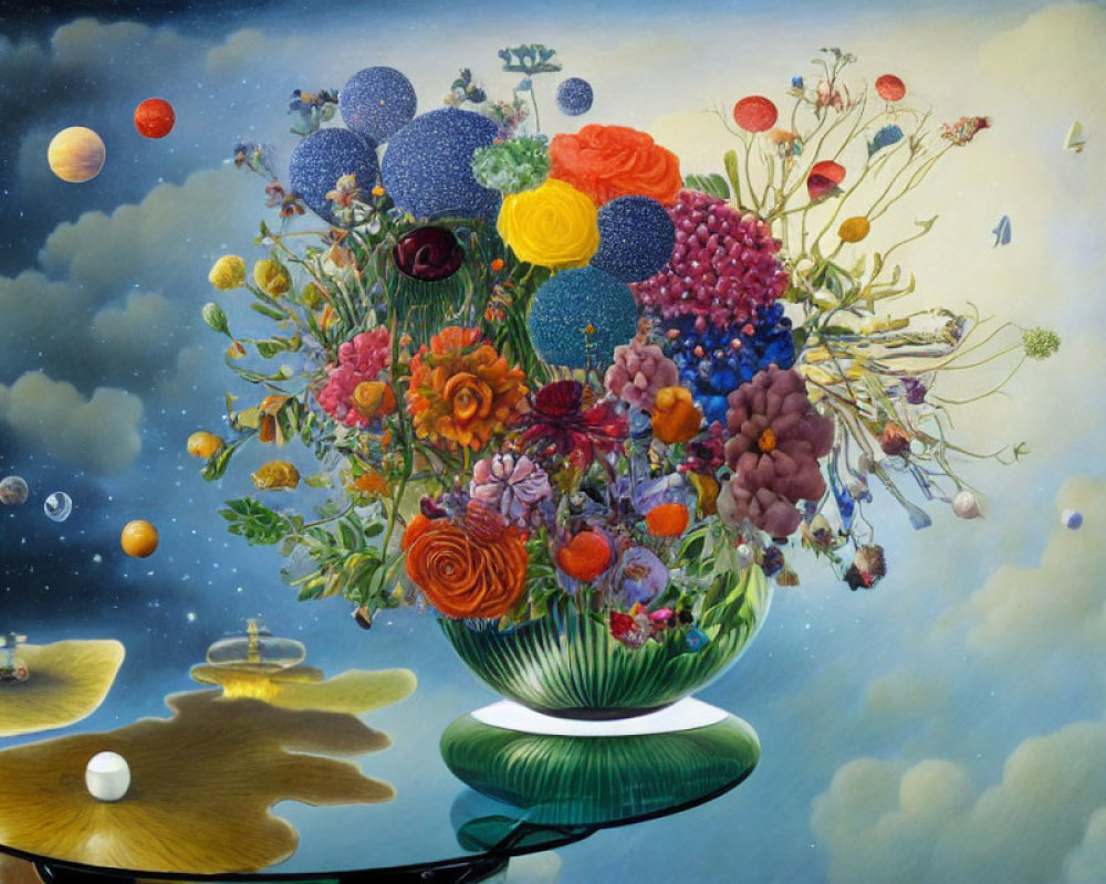 Colorful Surreal Painting with Flowers and Planets