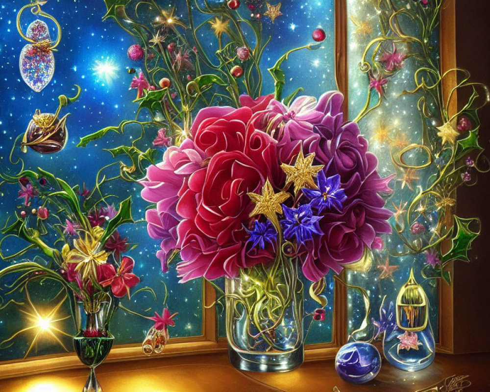 Colorful floral arrangement in glass vase on cosmic background.