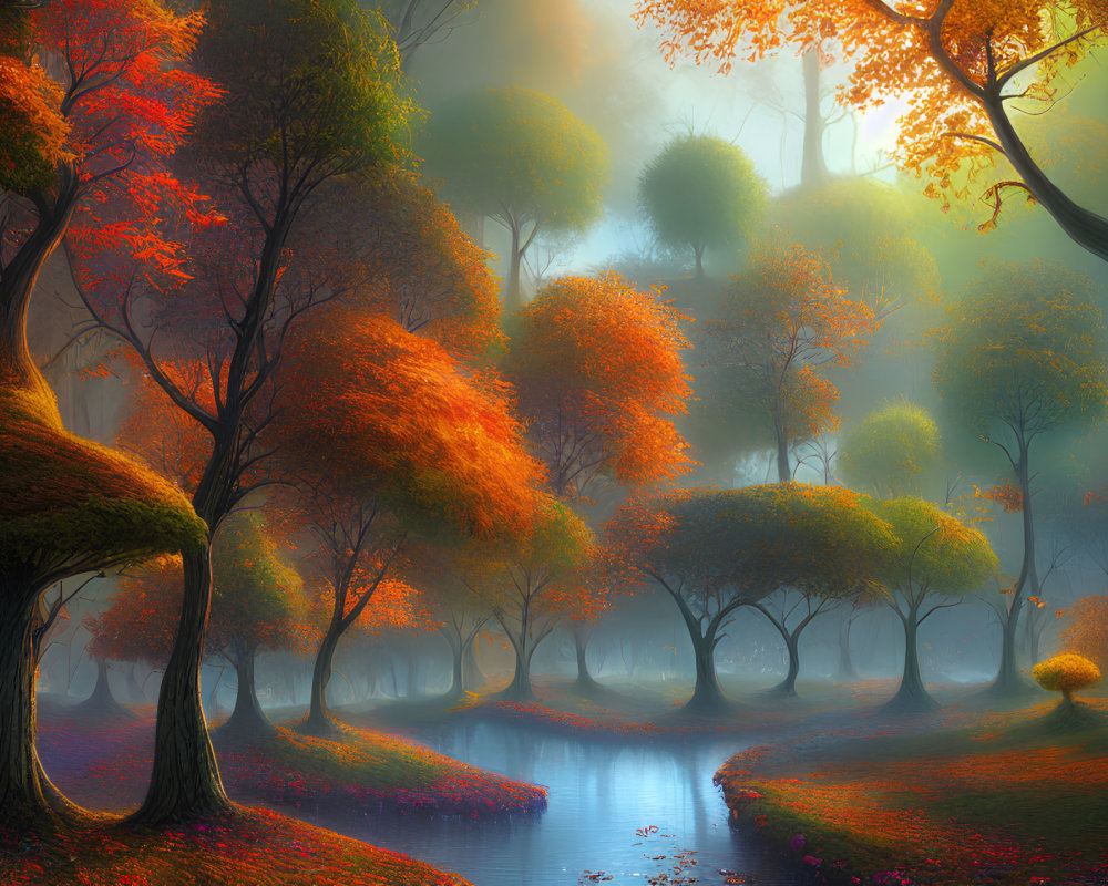 Tranquil river and autumn forest in misty light