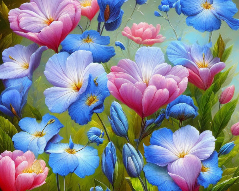 Colorful Blue and Pink Flowers with Green Leaves and Delicate Petals