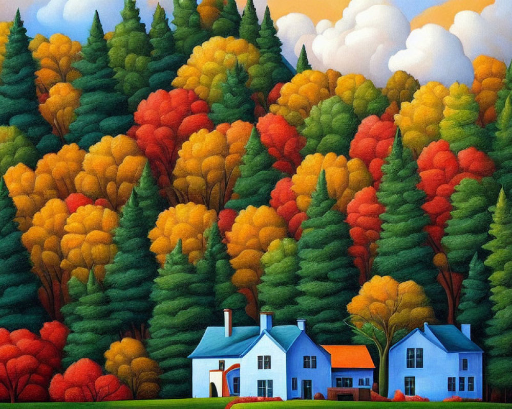 Colorful painting of blue house in lush forest with autumn trees and fluffy clouds