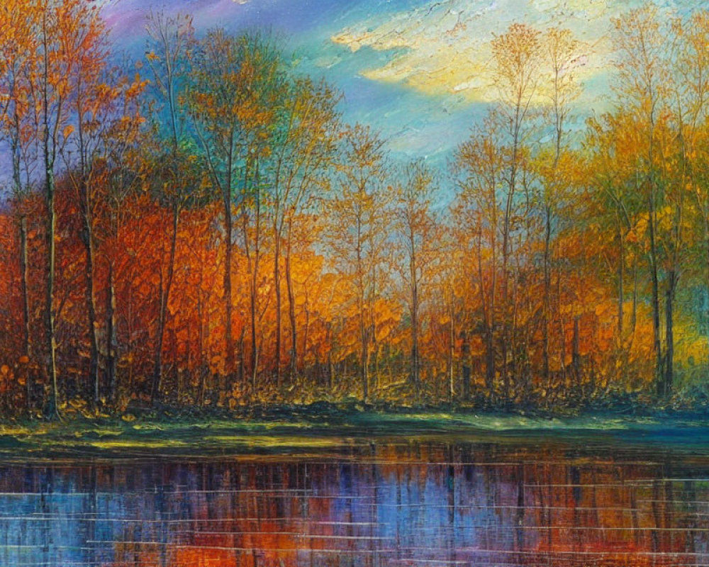 Autumn forest painting with vibrant colors and reflective water