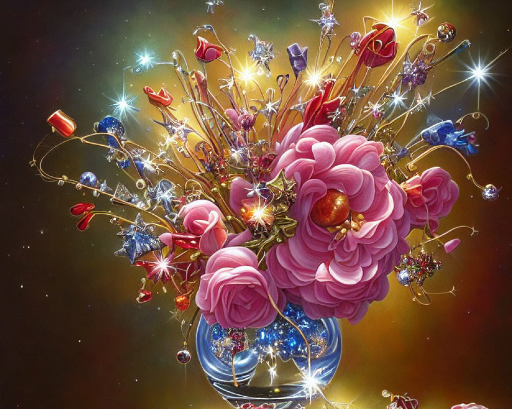 Colorful Bouquet with Jewels, Flowers, and Ornaments on Starry Background