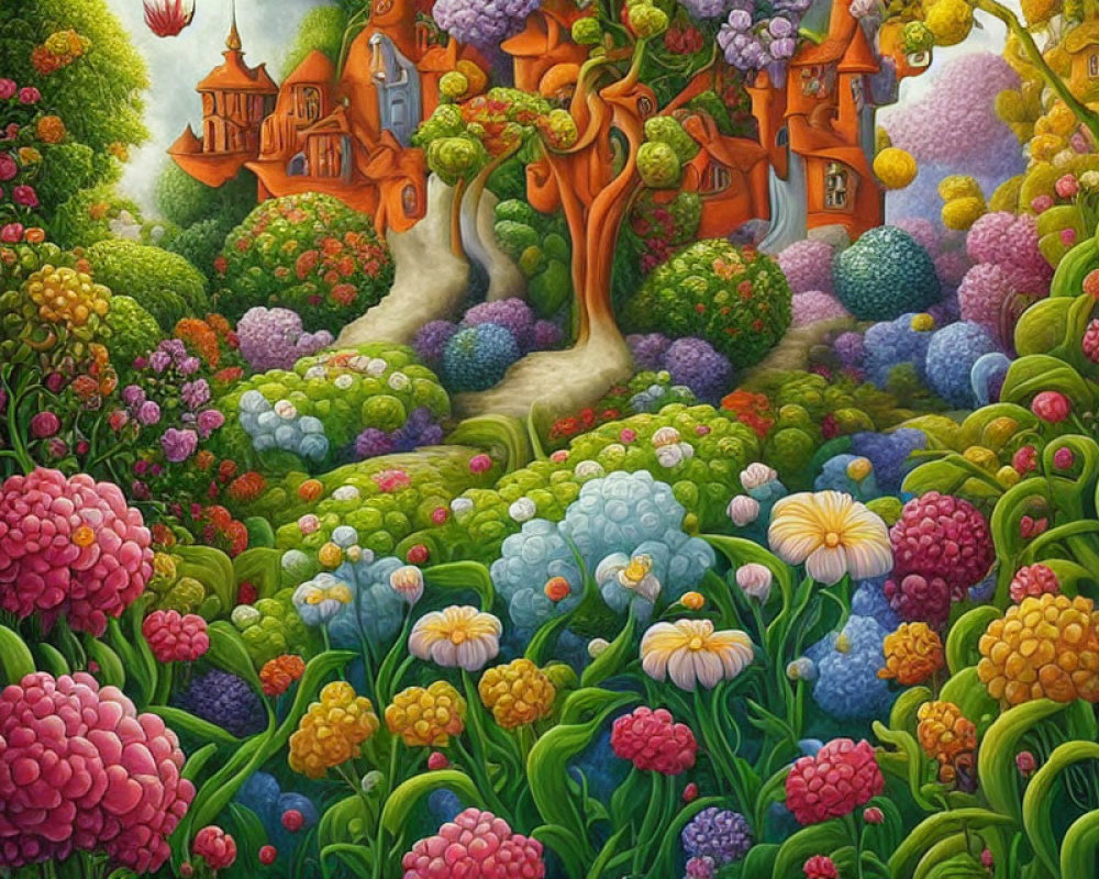 Vibrant landscape with whimsical trees, colorful flowers, and fairy-tale castle