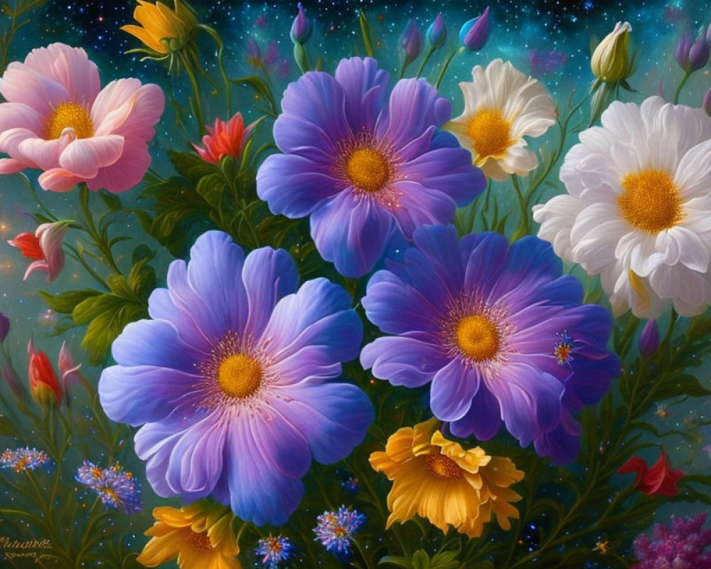 Colorful painting of blooming flowers on starry background