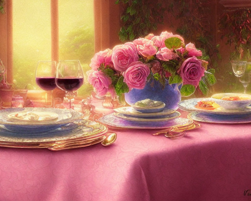 Sophisticated table setting with pink roses, fine china, gold cutlery, and wine glasses