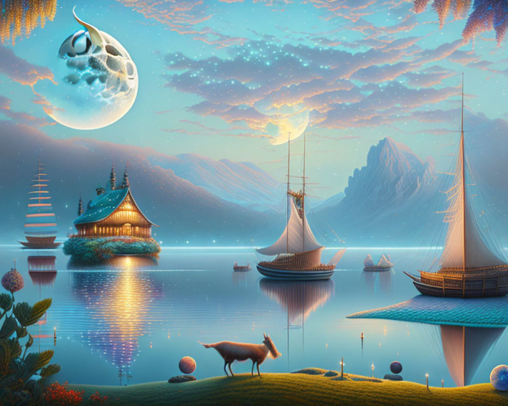 Fantastical Asian landscape with pagodas, sailboats, full moon, flora, goat,