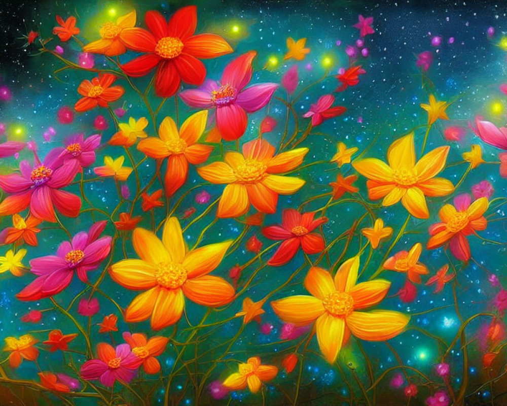 Colorful Flowers Blooming in Cosmic Garden