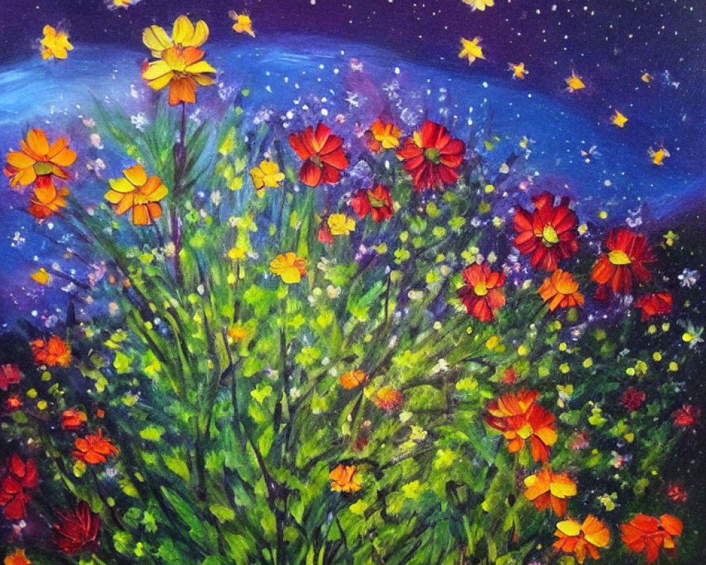 Colorful Flower Field Painting Under Starry Night Sky