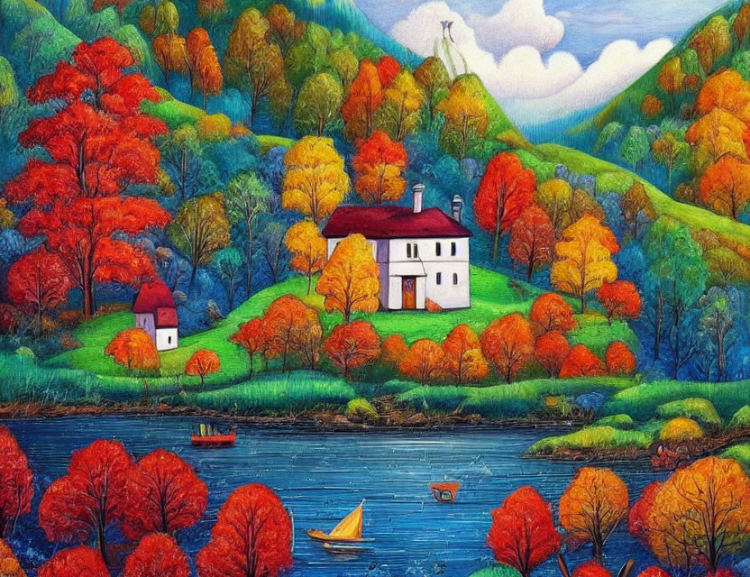 Colorful autumn landscape with white house, multicolored trees, blue river, boats, and distant