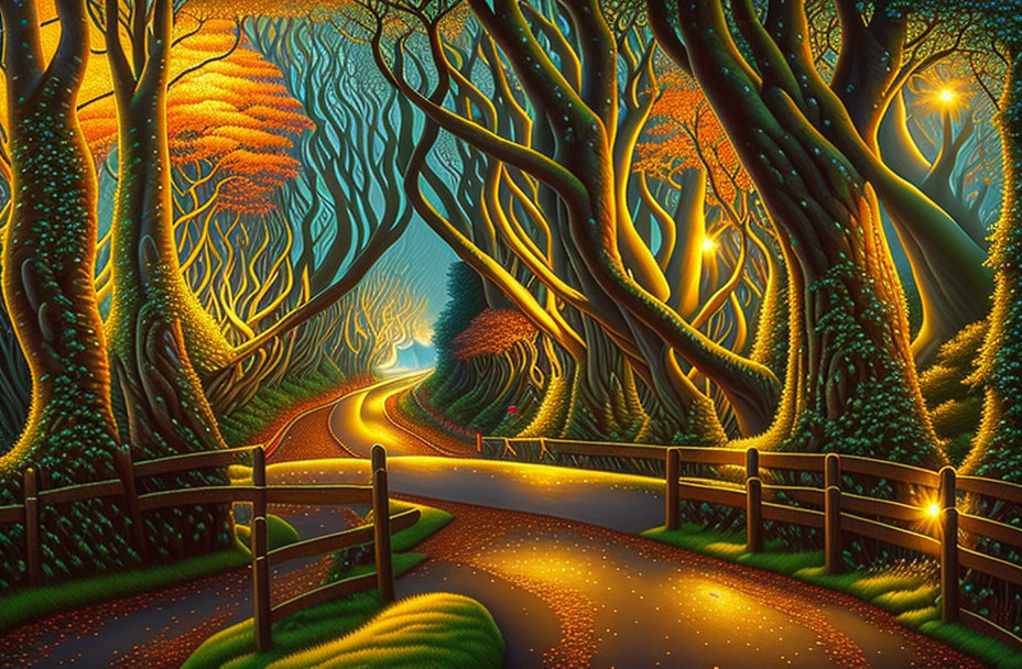 Mystical forest path with glowing lights and twisted trees