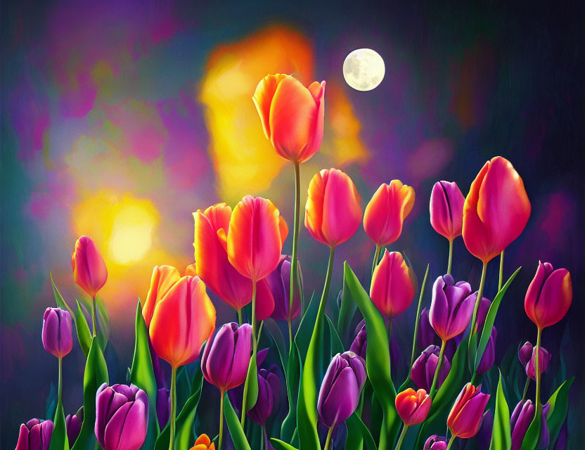 Colorful Pink and Purple Tulips in Dreamy Moonlit Setting