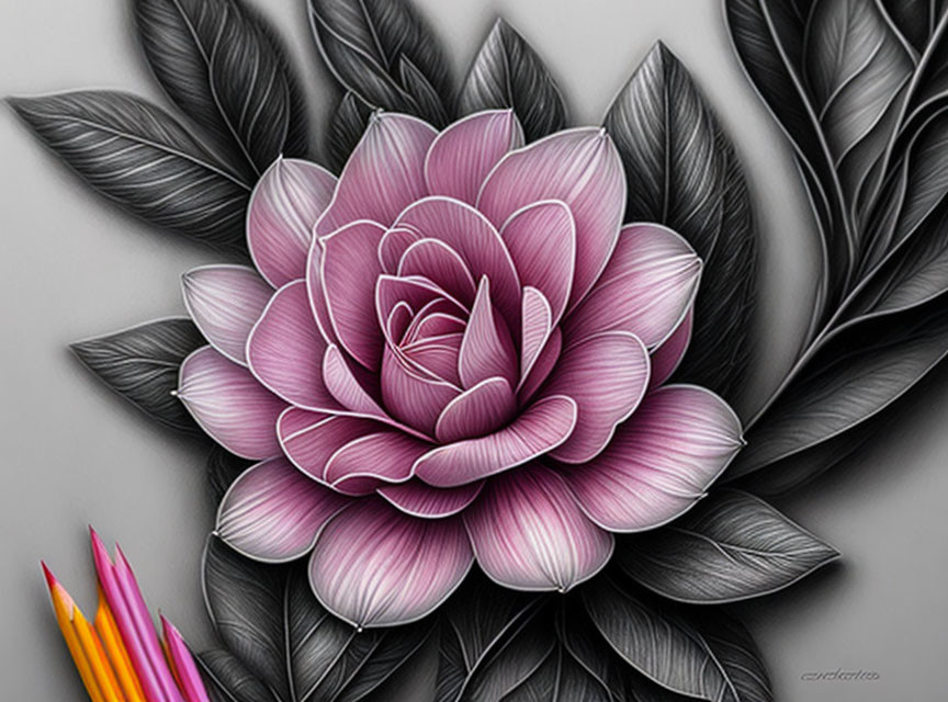 Detailed grayscale rose drawing with pink highlights and shaded leaves, colored pencils in view