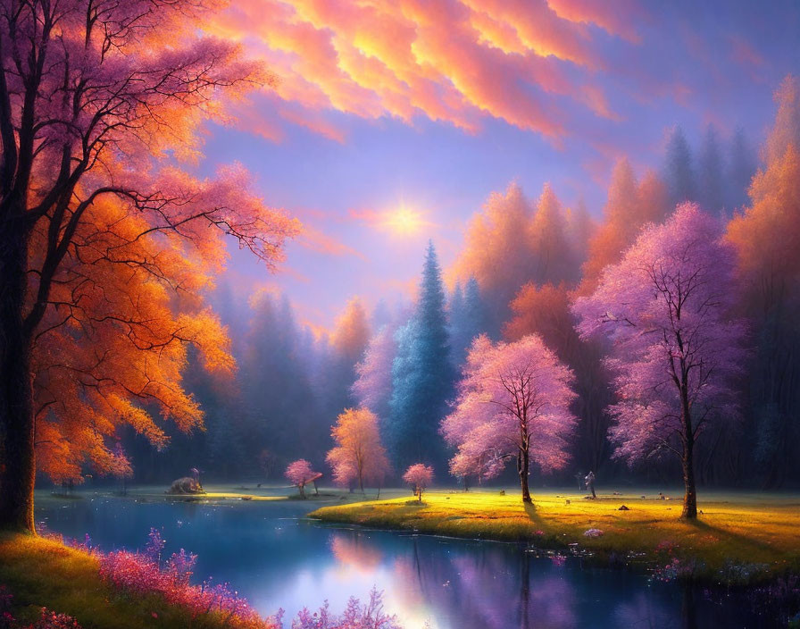 Tranquil Lake Scene with Colorful Trees and Pink Clouds