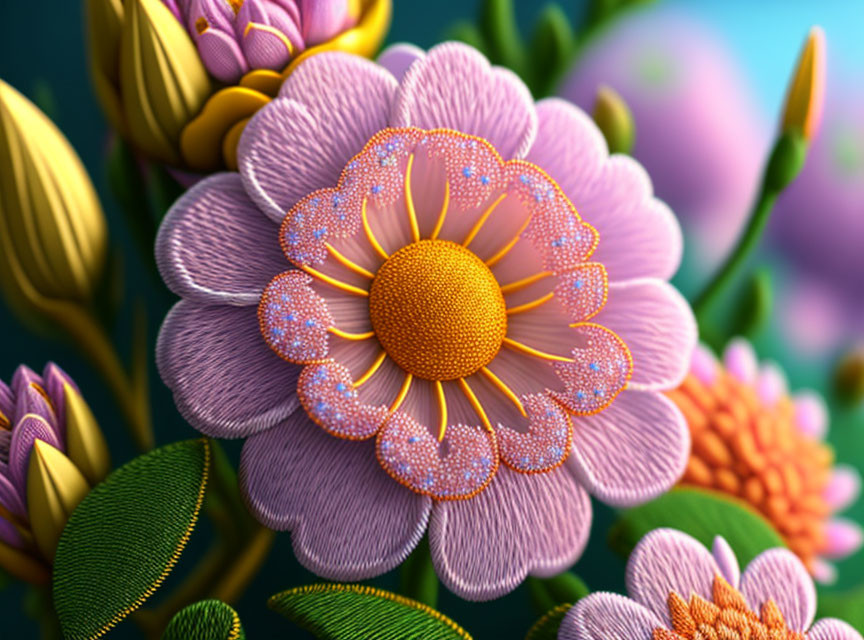 Detailed 3D purple and orange flower illustration with sparkling textures