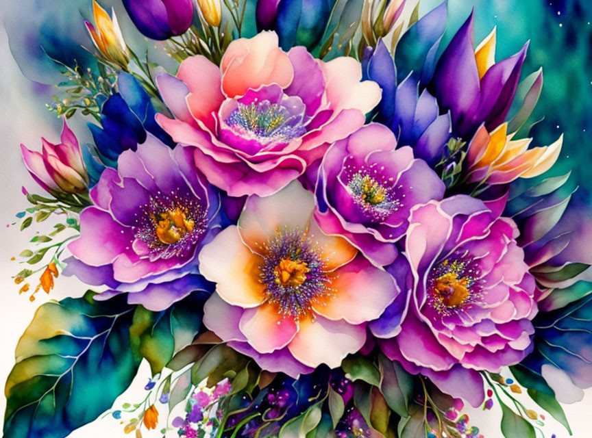 Colorful Watercolor Painting of Pink and Purple Flowers with Golden Centers