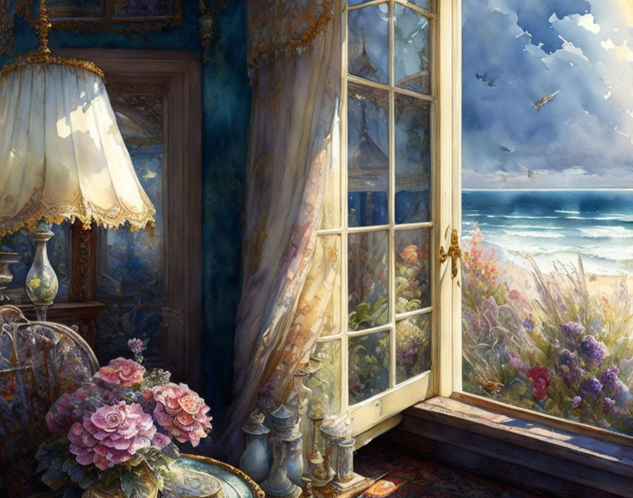 Detailed Painting of Elegant Room with Open Window and Sea View