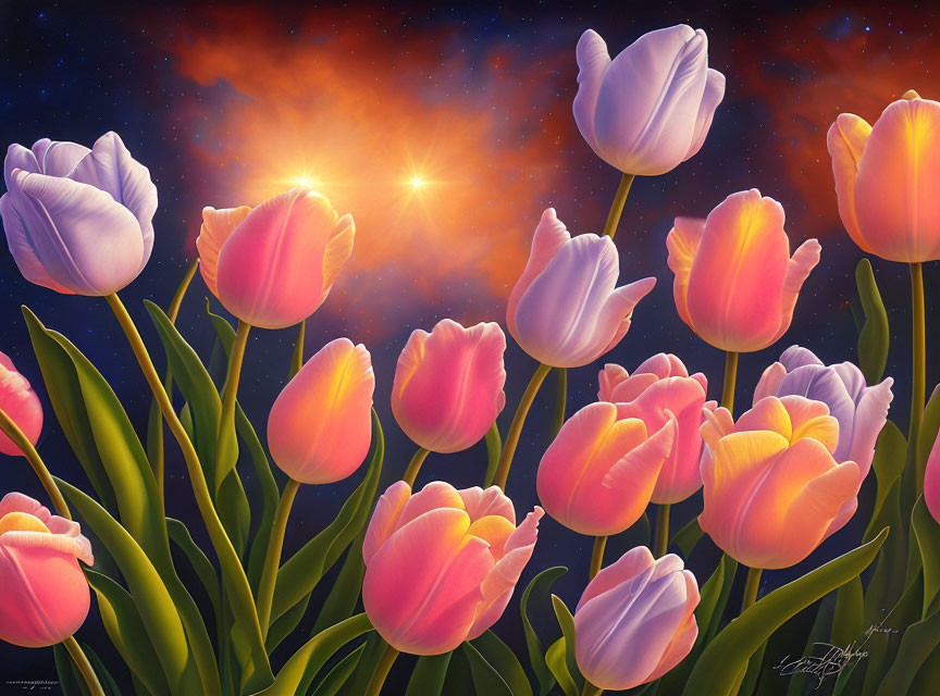 Vibrant digital art: Purple and pink tulips under starry sky