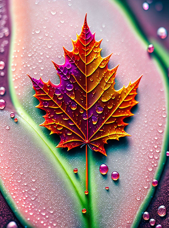 Colorful autumn maple leaf with dew-kissed green leaf on gradient background