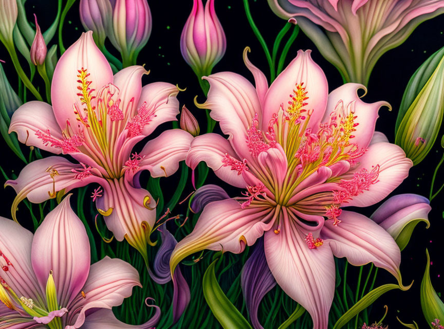 Detailed Pink Lilies on Dark Background with Green Foliage