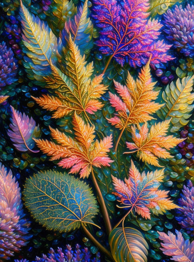 Colorful Leaves Surrounded by Lush Foliage in Rich Palette