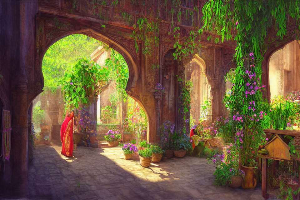 Sunlit garden archway with lush greenery, colorful flowers, and person in red cloak.