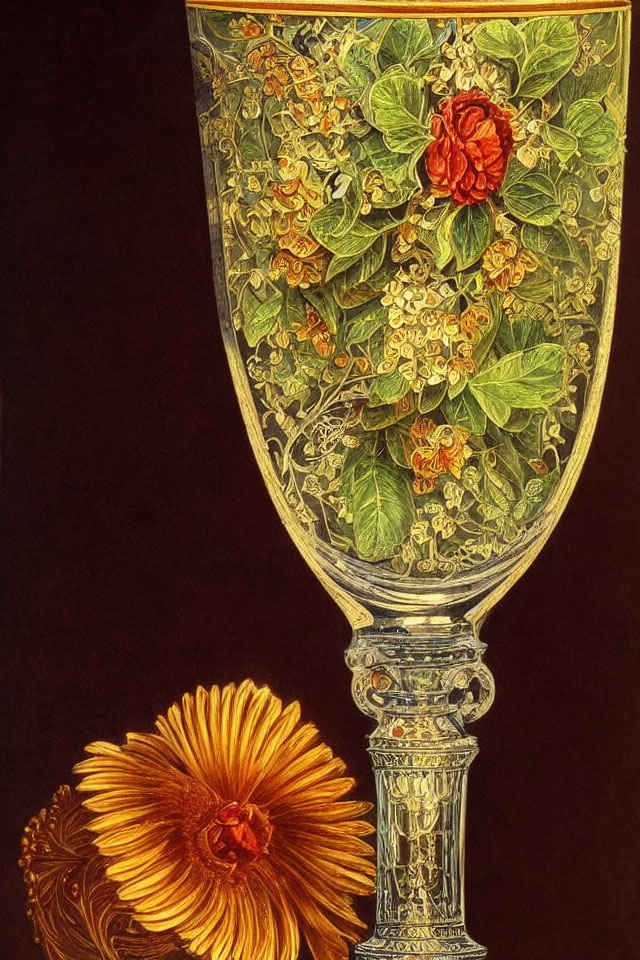 Glass goblet with greenery and red flower on red background, orange flower below