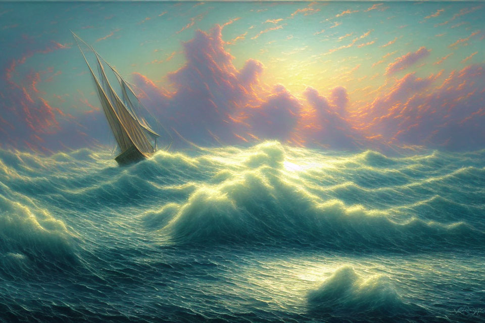 Sailboat navigating ocean waves under dramatic sunset sky