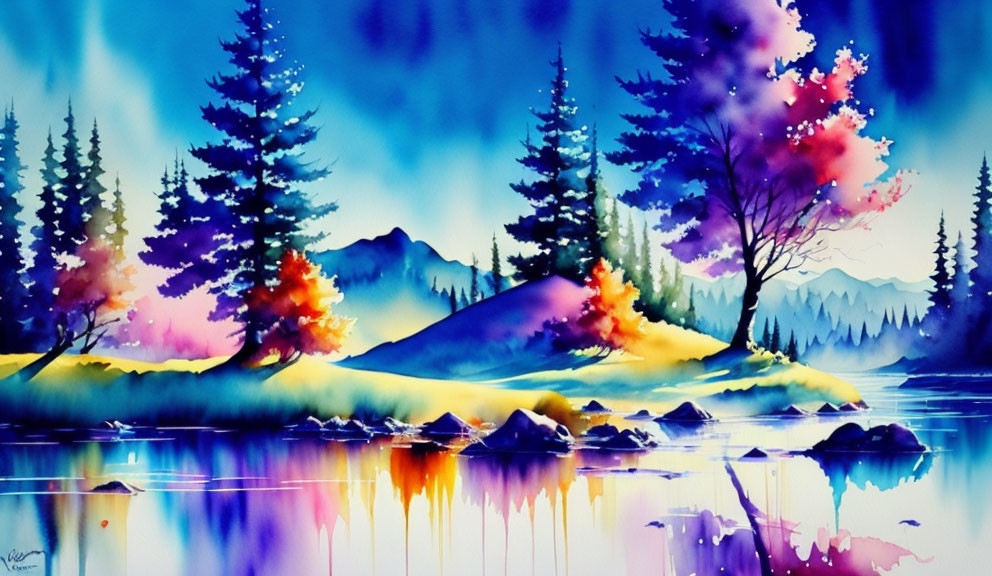 Colorful Watercolor Landscape with Trees, Lake, Mountains, and Sky