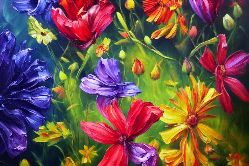 Vibrant floral painting with tulips, daisies, and colorful flowers on dark green backdrop