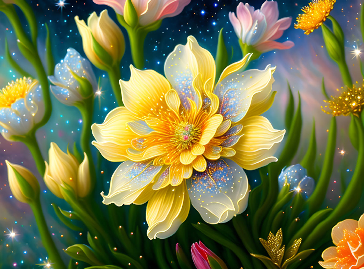 Colorful digital artwork: Yellow flower with glittery star background